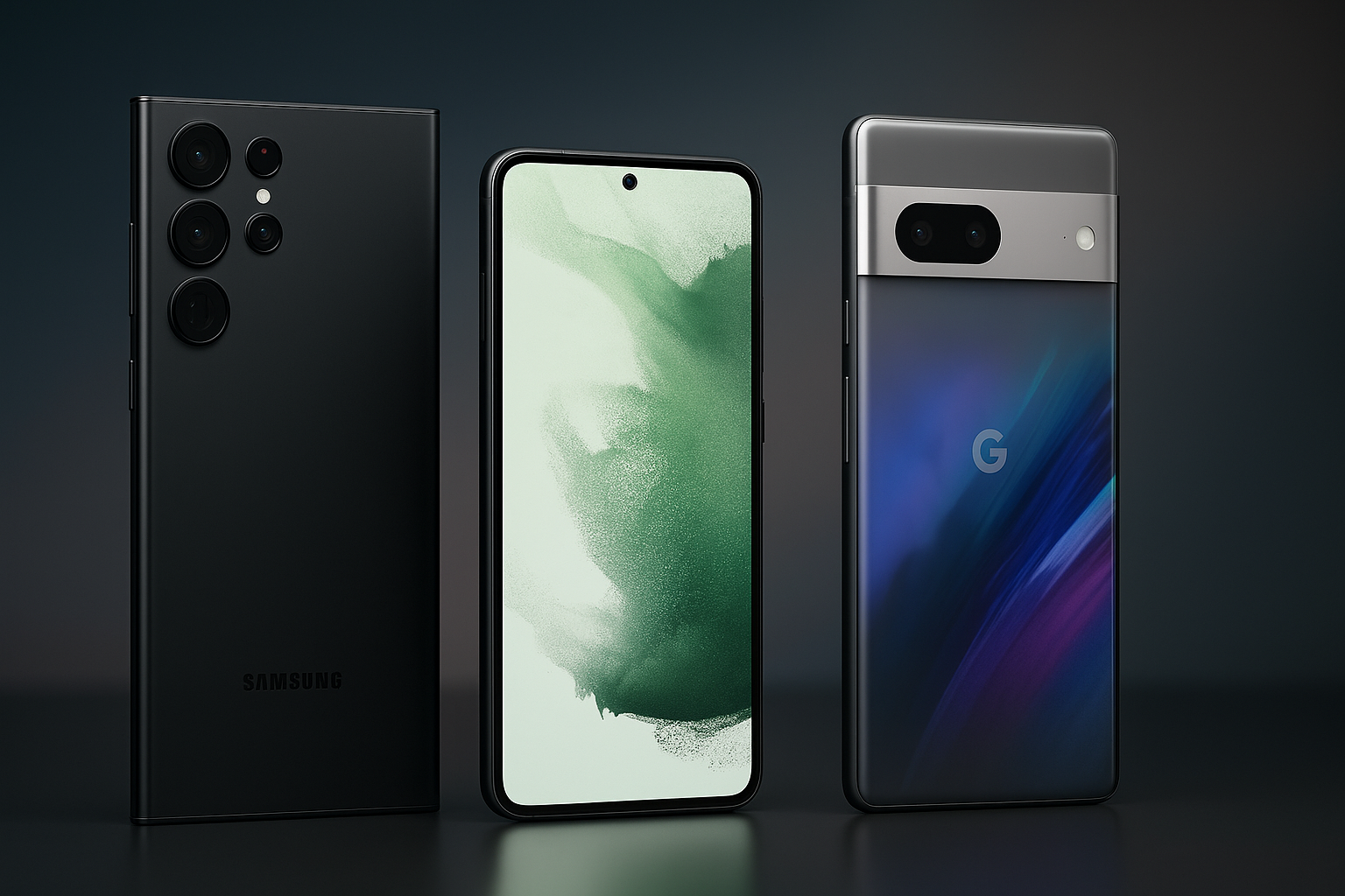 Samsung, Google Pixel and iPhone devices on workbench