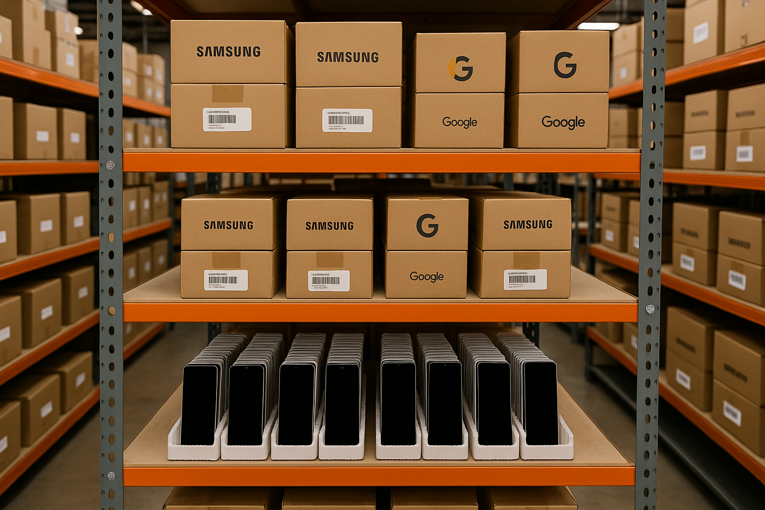 Shelves of Samsung, Pixel and iPhone inventory